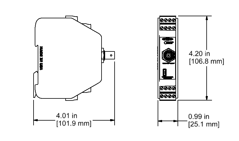 A render showing the diminesions of a CTC SC320 Series Signal Conditioner.